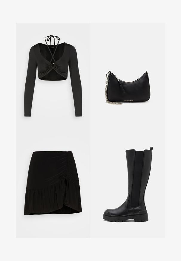 Even&Odd by Zalando Langarmshirt - black; Even&Odd by Zalando Minirock - black; Even&Odd by Zalando Plateaustiefel - black; Schwarze synthetische Handtasche mit geschwungener Form, silberner Kettenriemen, Reißverschlussverschluss und eingeprägtem Markenlogo auf der Vorderseite. Glatte Textur.
