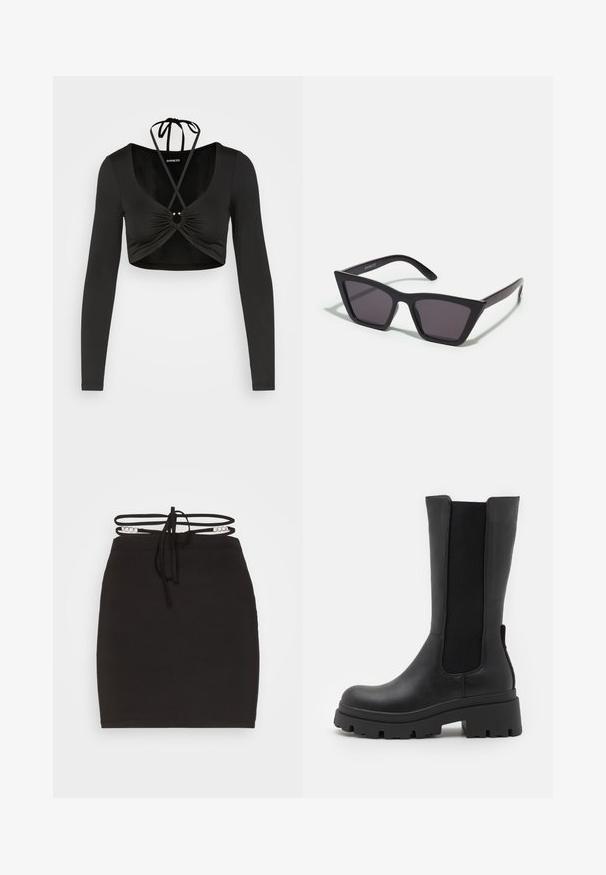 Even&Odd Top s dlhým rukávom - black; Noisy May NMCELESTE CHAIN DETAILS SKRIT - Minisukňa - black; ONLY SHOES ONLDOJA - Čižmy na platforme - black; Čierne, ostré slnečné okuliare so sivými sklami; vyrobené z plastu, majú hrubé ramená s hladkým povrchom a bez viditeľnej mechaniky.