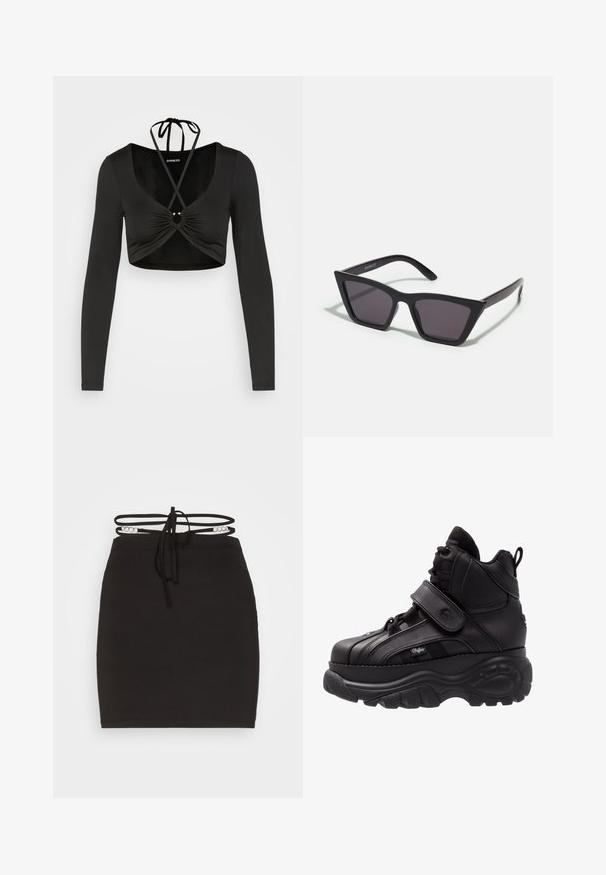Even&Odd by Zalando T-shirt à manches longues - black; Noisy May NMCELESTE CHAIN DETAILS SKRIT - Minijupe - black; Baskets montantes noires avec une semelle en caoutchouc épaisse, tige en cuir, fermetures à lacets et à bande Velcro, et détails de panneau latéral texturé.; Lunettes noires angulaires avec des verres gris ; fabriquées en plastique, avec des branches épaisses à la surface lisse et sans matériel visible.