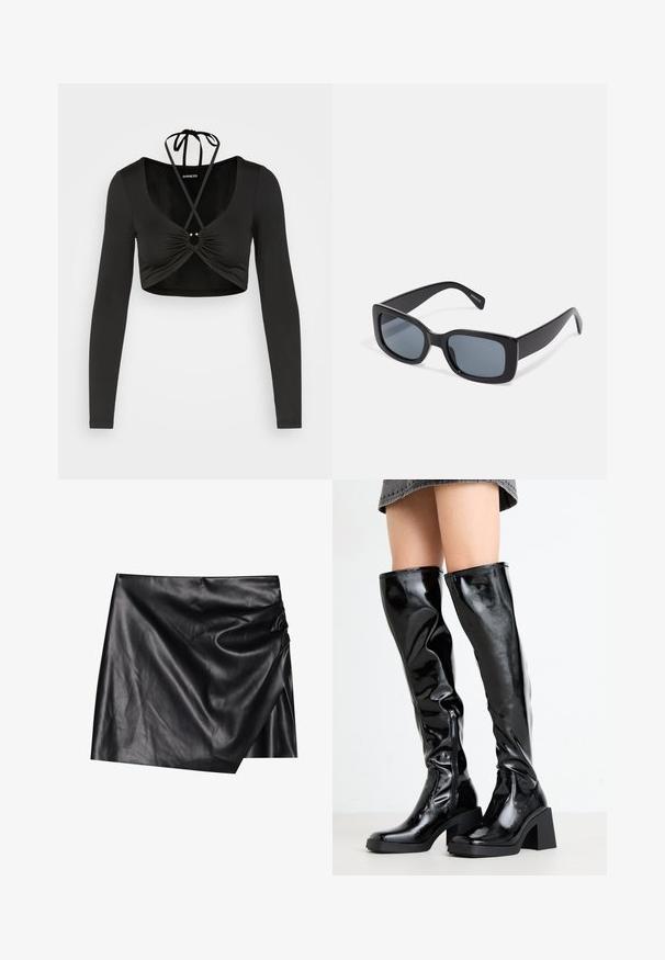 Even&Odd by Zalando Langærmet T-shirt - black; Sort læder mini nederdel med en omslagdesign, der har en blød, glat tekstur og diskrete draperingsdetaljer på den ene side.; Sorte, glansende støvler til knæene med en firkantet tå og kraftig hæl. Har en sidelukning med lynlås og et tætsiddende, struktureret design.; Sorte rektangulære solbriller med mørkt tonede linser, tyk plastramme og brede stænger. Glat overflade og kantet design.