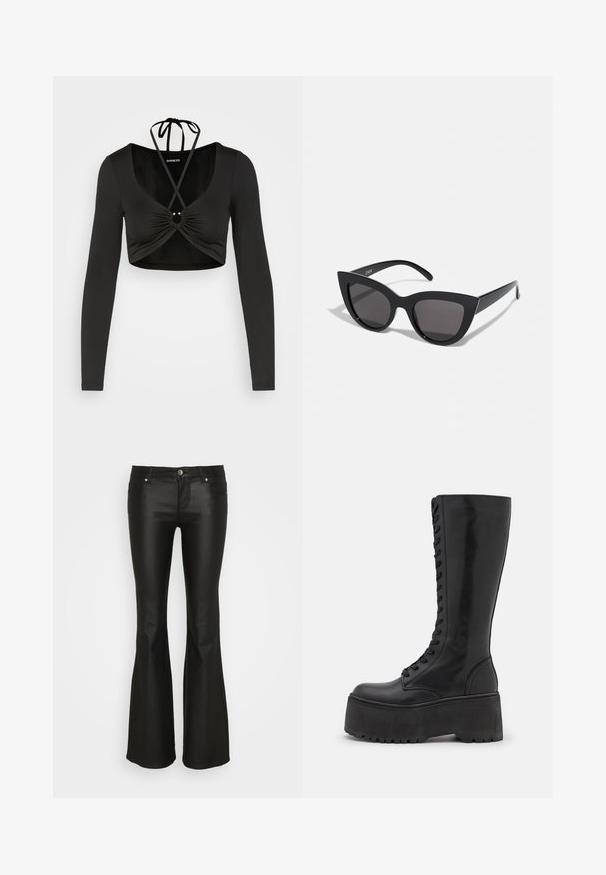 Even&Odd Langarmshirt - black; ONLY ONLTIGER LOW WAISTED FLARED - Stoffhose - black; Zign LEATHER - Schnürstiefel - black; Schwarze Cat-Eye-Sonnenbrille mit matter Oberfläche, grauen getönten Gläsern, scharfen Kanten und schlanken Bügeln. Der Markenname ist auf dem inneren Bügel sichtbar.