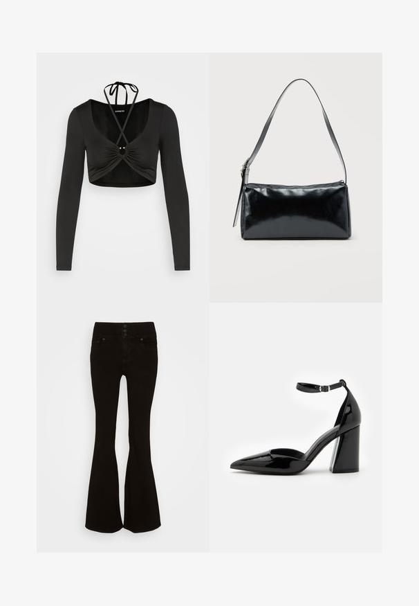 Even&Odd by Zalando Longsleeve - black; American Eagle SUPER HIGH RISE - Flared Jeans - onyx black; Zwarte lakleren hoge hak met een spitse neus, enkelbandje en brede blokhak voor stabiliteit, met een gladde glanzende textuur.; Zwarte rechthoekige schoudertas met een enkele verstelbare band en een bovenste ritssluiting op een effen achtergrond.