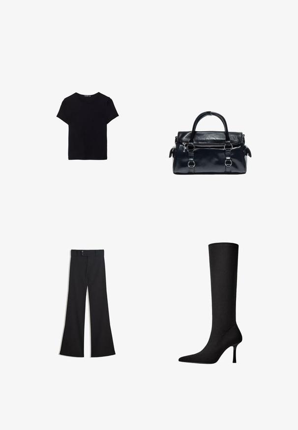 T-shirt en coton noir à manches courtes, col rond et design simple. Texture douce sans motifs ni accents visibles.; Pantalon noir taille haute à jambes larges avec une taille à double bouton et une fermeture éclair frontale, présenté à plat sur un fond blanc.; Botte noire montante en tissu lisse avec un bout pointu et un talon aiguille fin. Présente des coutures minimales et un design épuré.; Sac à main en cuir noir avec double poignée, poche zippée avant et détails en anneaux métalliques argentés sur fond blanc.