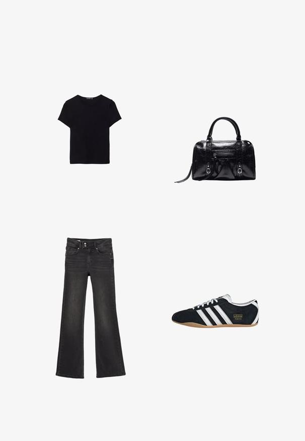 Sort bomulds T-shirt med korte ærmer, rund hals og et enkelt design. Blød tekstur uden synlige mønstre eller accenter.; Sorte højtaljede flare jeans med dobbelt knaplukning og frontlommer, der viser subtile falmede detaljer på lårene.; Sort ruskinds sneaker med hvide tre striber, guldlogo og en brun gummisål. Har et lavprofil snørebåndsdesign.; Sort skinnende læderhåndtaske med to håndtag, lomme med lynlås foran, spænde detaljer og et håndledsrem på hvid baggrund.