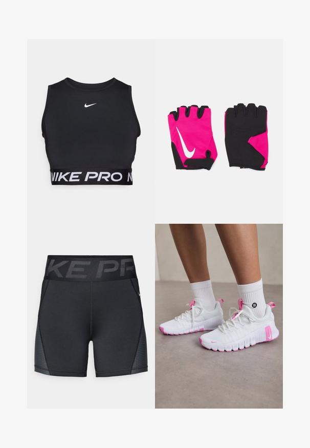 Zwarte sportbh met een hoge hals en een brede band met "NIKE PRO" in het wit. Gemaakt van een glad, rekbaar materiaal. Nike-logo op de borst.; Zwarte sportshorts van rekbare stof, met een brede tailleband met het "NIKE PRO"-logo en subtiele textuuraccenten aan de zijkanten.; Witte sportieve schoenen met roze accenten, gestroomlijnd ontwerp, textuur-mesh bovenwerk en een flexibele rubberen zool. Voorzien van logo en trekhaak.; Korte roze handschoenen met zwarte accenten, voorzien van een wit Nike-logo, gewatteerde palmen en een vingerloos ontwerp voor verbeterde grip en flexibiliteit.