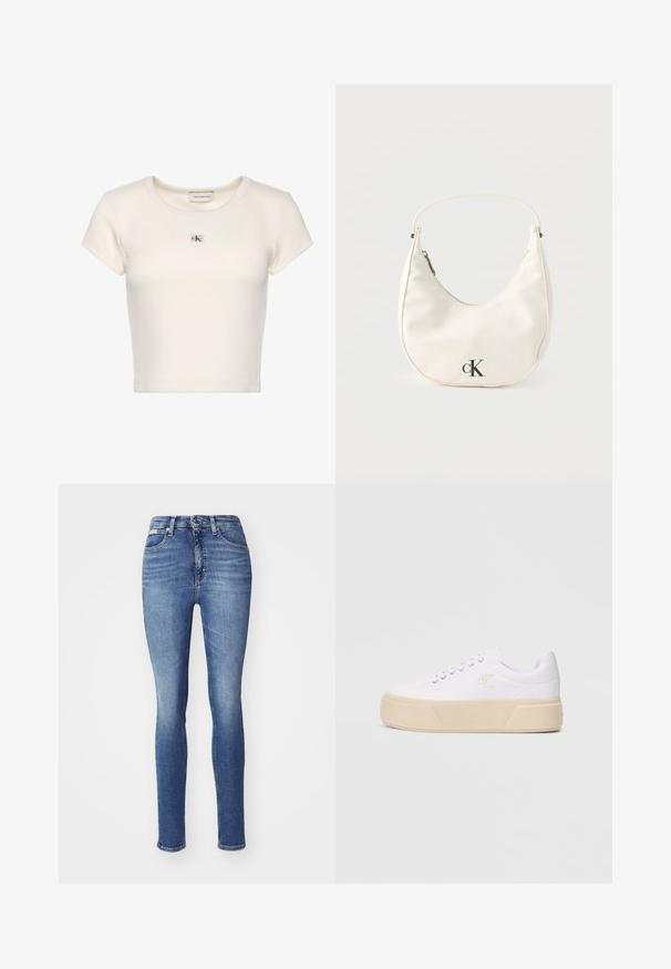 Biela krátka rebrovaná tričko s krátkym rukávom, okrúhlym výstrihom a malou nášivkou s logom Calvin Klein Jeans na hrudi.; Slim rifle v stredne modrom denime, s vysokým pásom, piatimi vreckami a jemným vyblednutím. Šité lemovanie s bežným zapínaním na gombík a zips.; Biele plátnené tenisky s robustnou béžovou platformou, s jemne vyšitým logom na boku a klasickým šnurovaním.; Malá biela kabelka v tvare polmesiaca s krátkym remienkom, zapínaním na zips a čiernym logom "cK" na prednej strane.