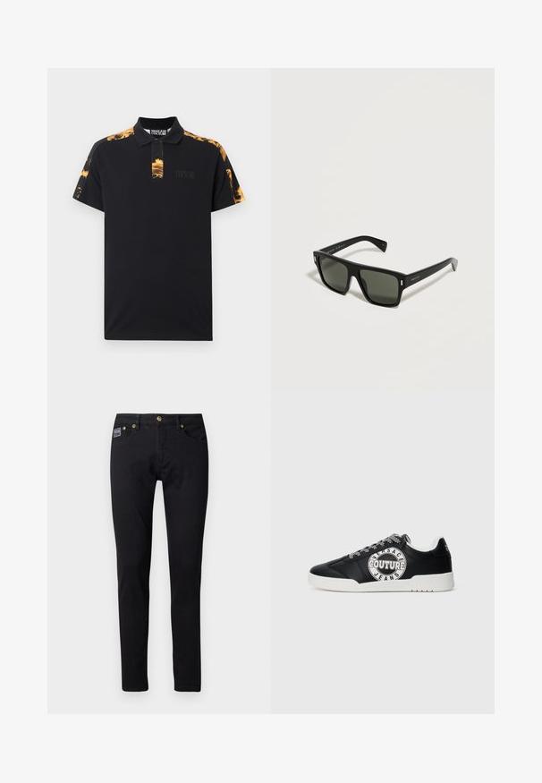 Sort polo-shirt med korte ærmer, gyldent barokmønster på skuldre og under krave samt diskret Versace Jeans Couture-logo på brystet.; Sorte denim jeans med slim fit, udstyret med guldfarvet metalhardware, fem lommer og et lille brandlabel på højre lomme.; Sort low-top sneakers med hvid sål, mønstrede sort-hvide snørebånd og "Versace Jeans Couture" logo på siden.; Sorte rektangulære solbriller med mørke linser og slanke stænger, mærket "McQueen" på siden.