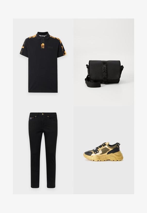 Mustade lühikeste varrukatega polosärk, kuldse barokkse mustriga õlgadel ja kaelakaarel ning peal väike Versace Jeans Couture'i logo.; Mustad teksapüksid slim fit lõikega, millel on nööbikinnitus, viis taskut ja kuldsetest detailidest aksessuaarid. Kangas on sile ja ühtlase disainiga.; Mustad ja kuldsed spordijalatsid, millel on võrgusilmast ülaharu, paks tald ja dekoratiivne riistvara. Sisaldab silmapaistvat logomärki pingutusala juures.; Must mustruum kotkas mustast nailonist, millel on klapp, esitleb silmapaistvat logo rihma sulgemist, reguleeritavat rihma ja külgõmbluste üksikasju.