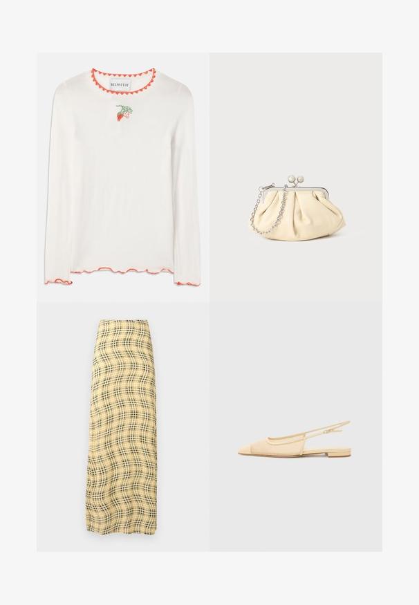 Chemise blanche à manches longues avec un col rouge festonné. Présente une petite broderie de fraise verte et rouge sur le devant.; Rabanne Jupe longue - green/yellow/cream; Chaussure plate slingback en beige clair avec une tige en maille, un bout pointu et un petit talon. Dotée d'une sangle ajustable pour un bon maintien.; Pochette en cuir beige plissé avec un cadre en métal argenté, dotée de deux fermoirs ronds décoratifs et d'une chaîne en argent.