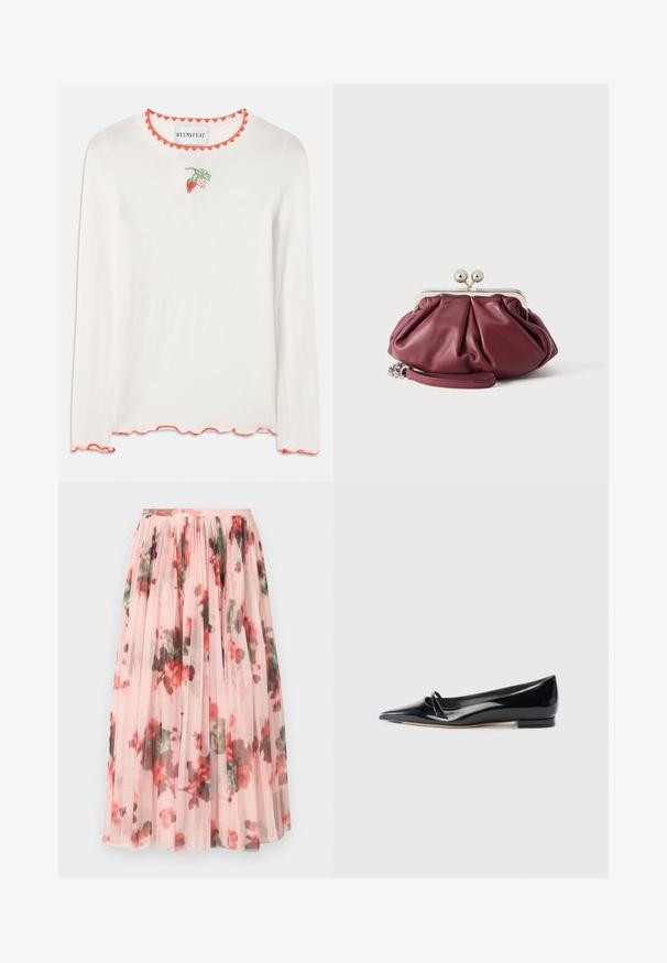 Camisa blanca de manga larga con un escote rojo con forma de ondas. Presenta un pequeño bordado de una fresa verde y roja en el frontal.; Falda de tul con una base rosa suave, que presenta un patrón floral en rojo y verde. La tela es transparente con pliegues fruncidos en la cinturilla.; Zapato plano de charol negro con punta afilada, pequeña tira decorativa y tacón bajo. Textura suave y diseño elegante.; Pequeño bolso de mano de cuero burdeos con cierre metálico plateado y correa de muñeca sobre fondo blanco.