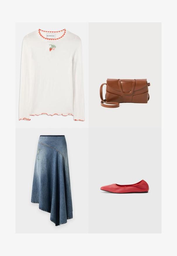 Weißes Langarmhemd mit einem gewellten roten Ausschnitt. Besitzt eine kleine grüne und rote Erdbeerstickerei auf der Vorderseite.; Denim-Wickelrock in einem hellen bis dunklen Blauton-Gradient, mit einem gestickten Blumenmuster auf einer Seite und sichtbaren Stichdetails entlang der Ränder.; Filippa K REY FLATS - Klassischer Ballerina - bright red; Braune Lederhandtasche mit einem eleganten Design, das eine strukturierte Klappe, einen auffälligen Verschluss und einen verstellbaren Trageriemen für Vielseitigkeit umfasst.