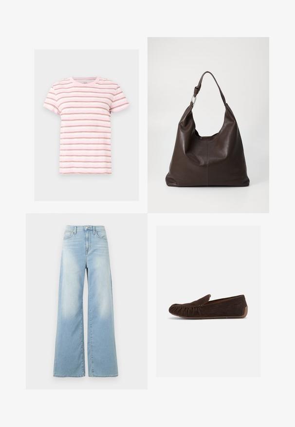 T-shirt à manches courtes rose et blanche avec de fines rayures horizontales marron, encolure ronde et coupe décontractée.; Jean large bleu clair à taille haute, avec boutons à l'avant et poches, présenté sur un fond blanc.; Mocassin en daim marron foncé avec couture froncée à l'avant et semelle en caoutchouc, montré de côté sur un fond blanc.; Zign LEATHER - Cabas - chocolate brown