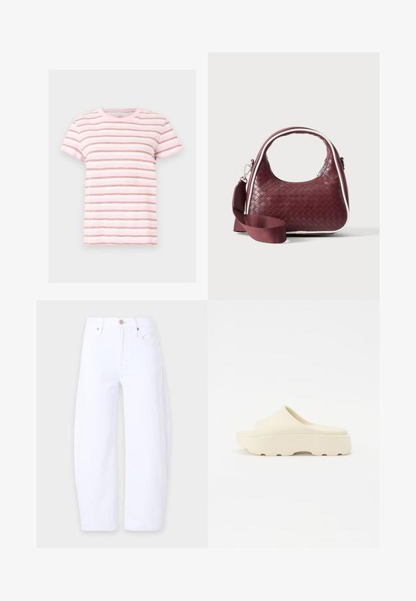 Roze-witte T-shirt met korte mouwen, dunne horizontale bruine strepen, ronde hals en een casual pasvorm.; Effen witte rechte jeans met voorzakken, riemlussen en een knoopsluiting in de taille op een lichte achtergrond.; Beige instapsandaal met een gladde rubberachtige oppervlakte, ronde neus, dikke zool en een gestructureerde onderkant voor grip. Minimalistisch ontwerp.; Donkerrode geweven leren handtas met gebogen handvat, witte bies, zilveren rits en afneembare brede stoffen schouderriem tegen een effen achtergrond.