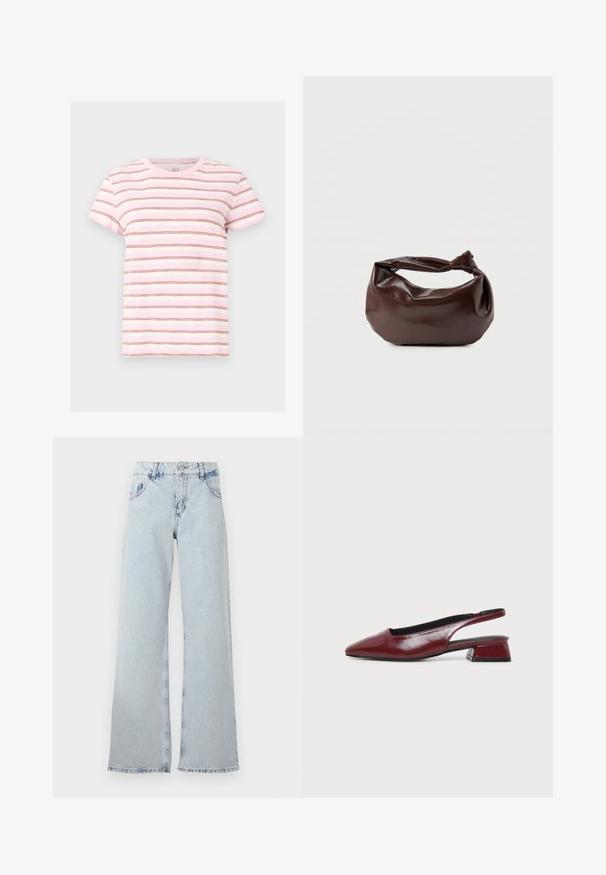 Lyserød og hvid T-shirt med korte ærmer og tynde horisontale brune striber, rund hals og afslappet pasform.; Lyseblå bred ben jeans lavet af denim, med høj talje, bælteholdere, fem lommer og slidte områder for et vintage udseende.; Vinrød lædersko med rembag, spids tå og lav blokhæl, vist i sideprofil på ensartet lyst baggrund.; Mørkebrun læder skuldertaske med en blød, afslappet form og et snoet knudehåndtag på en ensartet hvid baggrund.