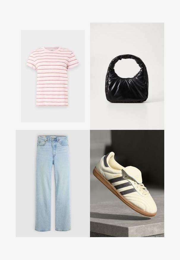 T-shirt à manches courtes rose et blanche avec de fines rayures horizontales marron, encolure ronde et coupe décontractée.; Jean en denim bleu clair avec une coupe droite, comportant cinq poches, une fermeture éclair classique et des accents de couture visibles.; Baskets en cuir crème avec trois bandes sombres, une semelle extérieure en gomme marron et un bout arrondi. Présentent une languette pliable étiquetée "SAMBA."; Sac à main noir rembourré avec une poignée arrondie, présentant une surface lisse et brillante ainsi qu'une texture douce et matelassée. Pas de quincaillerie ou d'accents visibles.