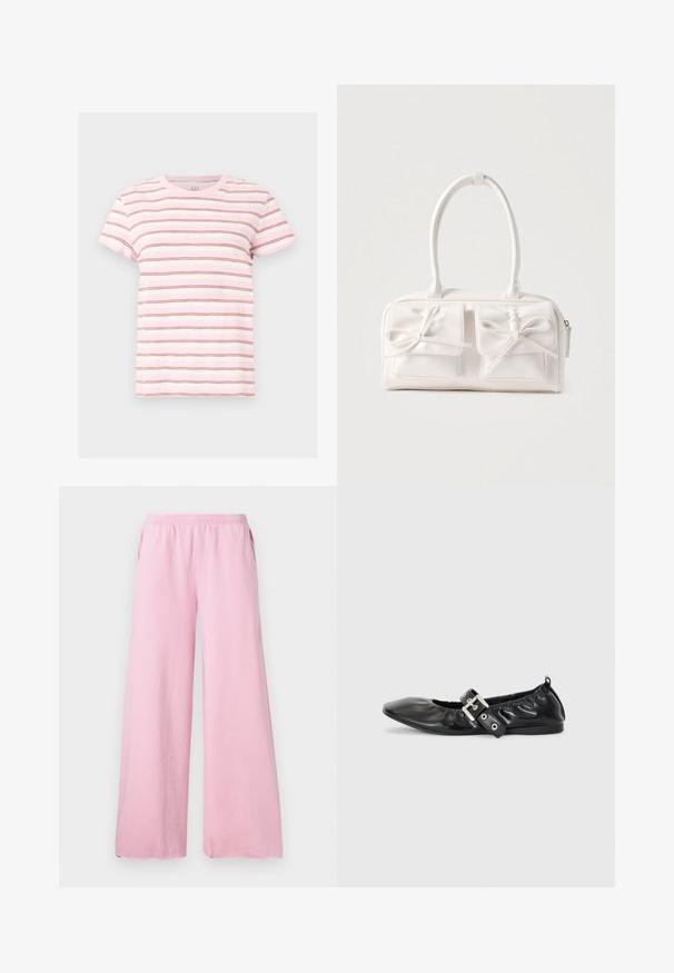 Roze-witte T-shirt met korte mouwen, dunne horizontale bruine strepen, ronde hals en een casual pasvorm.; Roze wijde broek gemaakt van zachte stof met een elastische tailleband en zijzakken. Heeft een recht, vloeiend model.; Zwarte leren platte schoen met een spitse neus, geplooide details rond de opening en een zilveren gespaccentueerde verstelbare band.; Witte synthetische handtas met twee voorzakken, elk voorzien van een gebonden strikdetail. Soepele textuur, afgeronde handgrepen en een ritssluiting.
