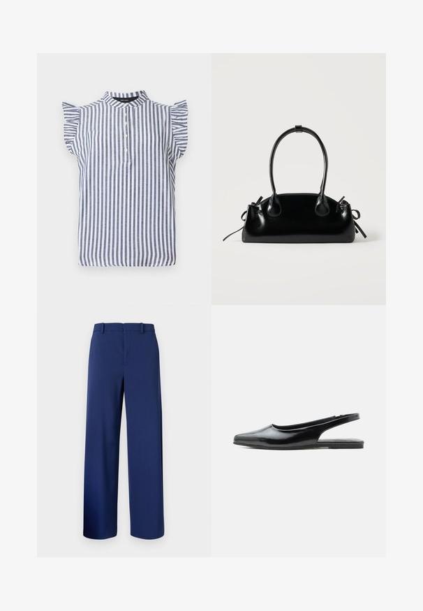 Blusa sin mangas con rayas verticales azul marino y blancas, detalles con volantes en los hombros, cuello redondo y tapeta con cuatro botones.; Pantalones ajustados de color azul marino, confeccionados en una tela suave, con un diseño de pierna recta, trabillas para cinturón y un cierre frontal con cremallera y gancho.; Zapato plano slingback de charol negro con punta afilada y tacón bajo sobre fondo blanco.; Pequeño bolso negro brillante con dos asas largas y detalles de cordón lateral sobre un fondo claro liso.