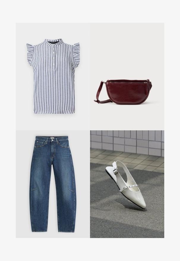 Blouse sans manches avec des rayures verticales bleu marine et blanches, détails à volants aux épaules, col rond et patte de boutonnage à quatre boutons.; Jean en denim bleu foncé avec une coupe droite, dotés de poches avant, de surpiqûres contrastées et d'une texture légèrement délavée sur les jambes.; Chaussure plate slingback blanche pointue avec deux boucles argentées, présentée en extérieur sur un sol texturé et un mur carrelé en arrière-plan.; Sac à main en cuir marron foncé avec une forme en demi-lune, une fermeture éclair et une bandoulière amovible. Texture lisse avec un léger éclat.