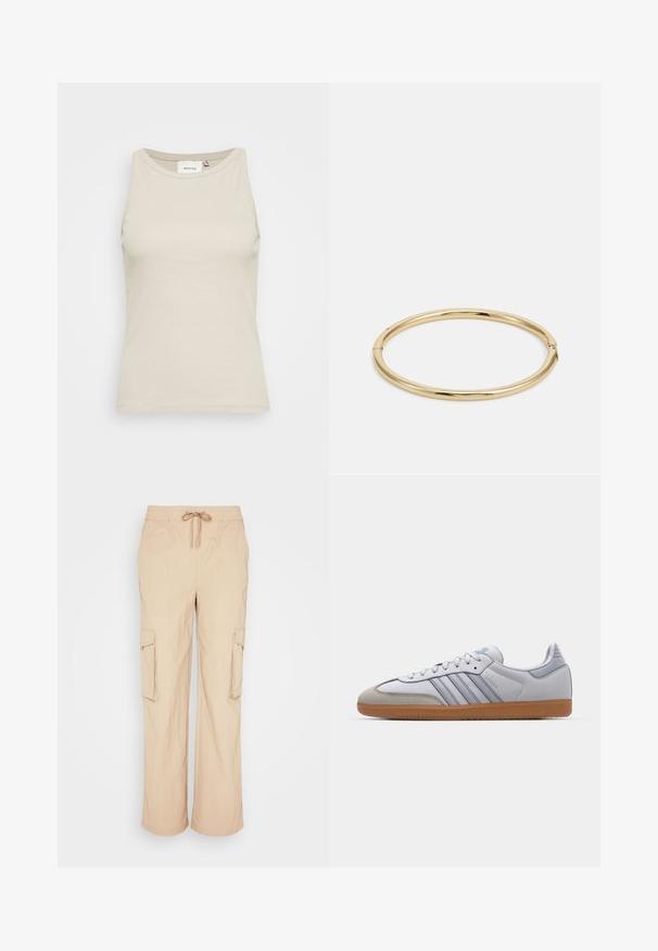 Top de tanque beige claro hecho de tela acanalada con cuello redondo y diseño sin mangas. Presenta una sutil etiqueta de la marca en el interior.; Sofie Schnoor TROUSERS - Pantalones cargo - beige; Zapatillas de cuero blanco con acentos en azul claro, puntera de ante gris y suela de goma marrón. Presentan tres rayas azules y la marca "Samba".; Brazalete de oro con una superficie lisa y brillante, que presenta una forma redonda y un sutil detalle de cierre.