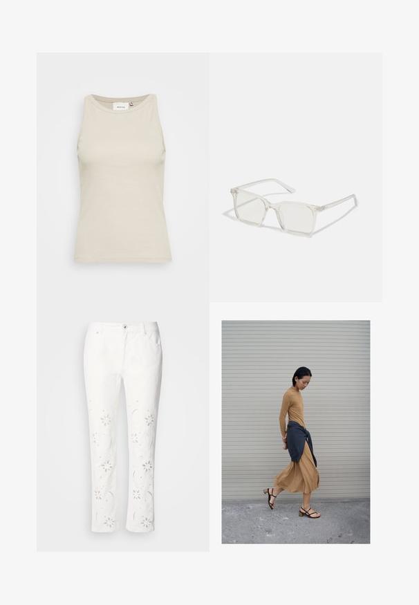 Débardeur beige clair en tissu côtelé avec un col rond et une conception sans manches. Présente une étiquette de marque discrète à l'intérieur.; Pantalon en coton blanc avec broderies florales le long des jambes, coupe droite et fermeture par bouton à la taille.; Femme marchant en robe longue beige et sandales noires, un pull foncé noué autour de la taille, devant un fond de volet fermé.; Lunettes carrées en plastique transparent avec des verres translucides, dotées d'accents dorés sur les branches pour plus de détails.