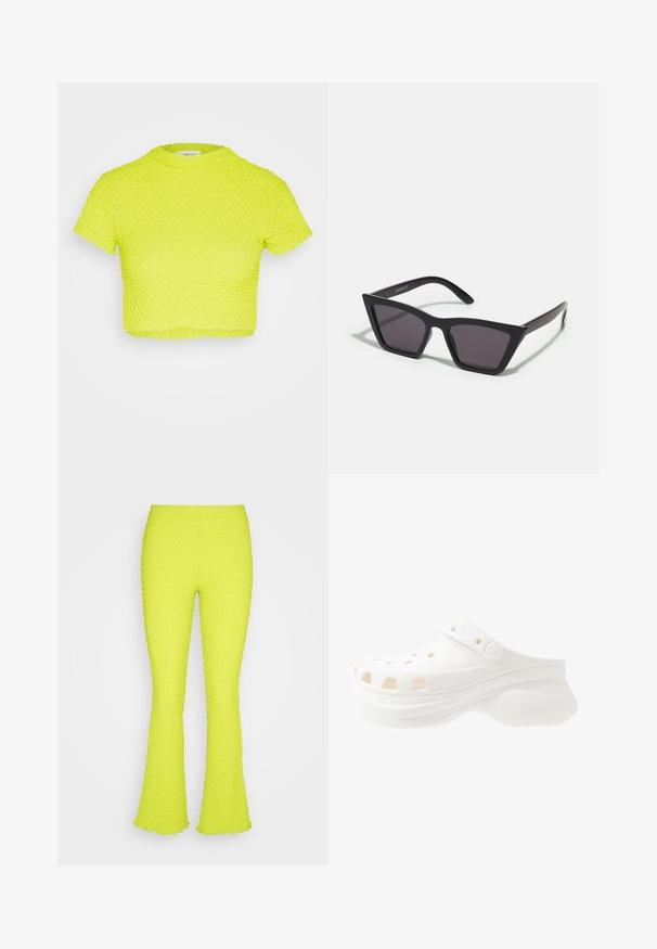 Even&Odd by Zalando Μπλουζάκι με στάμπα - green; Even&Odd by Zalando Παντελόνι - green; Λευκά φουσκωτά καλτσάκια με ανυψωμένη φτέρνα, κυκλικές τρύπες για αερισμό, ρυθμιζόμενη ζώνη πίσω και υφή στη σόλα για καλύτερη πρόσφυση.; Μαύρα, γωνιώδη γυαλιά ηλίου με γκρι φακούς; κατασκευασμένα από πλαστικό, με χοντρές βραχίονες με λεία επιφάνεια και χωρίς ορατό μηχανισμό.