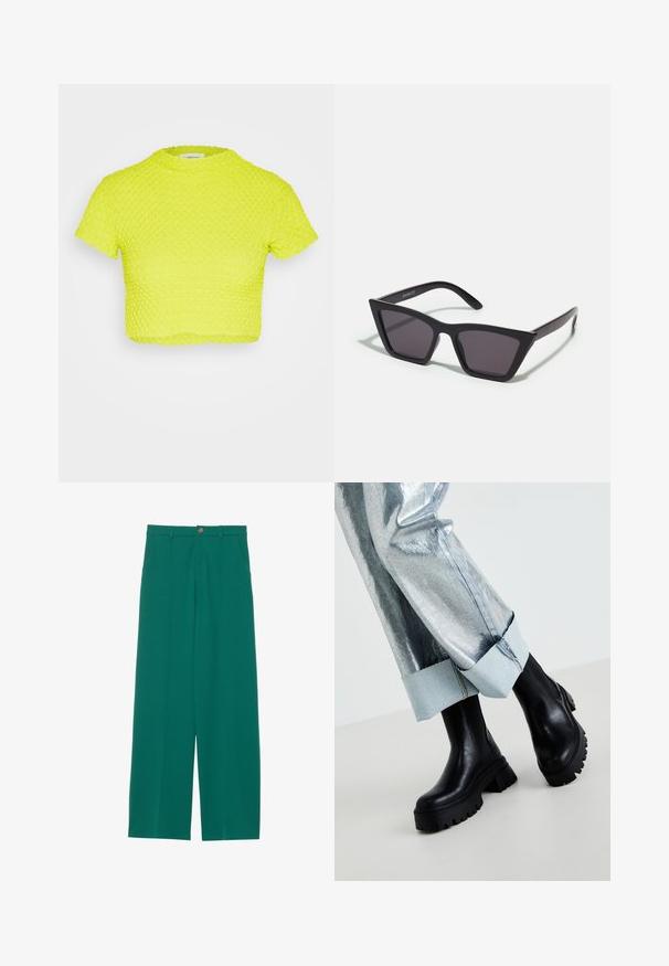 Even&Odd by Zalando T-Shirt print - green; Grüne, weit geschnittene Hosen aus einem glatten Stoff, mit zwei vorderen Taschen, einem Knopfverschluss und einem klaren, maßgeschneiderten Design.; Schwarze klobige Knöchelstiefel mit strukturierten Sohlen, getragen mit silbernen metallischen Hosen, die einen hellen Denim-Bund umfassen. Minimalistisches Design, elegante Materialien.; Schwarze, eckige Sonnenbrille mit grauen Gläsern; aus Kunststoff gefertigt, mit dicken Bügeln, die eine glatte Oberfläche und keine sichtbaren Beschläge haben.