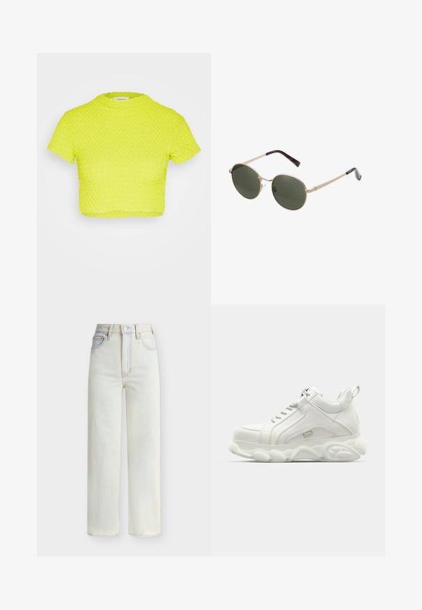 Even&Odd T-shirt print - green; Lichtblauwe denim jeans met hoge taille, rechte pijpen, vooraan sluiting met knopen en rits, en een ontwerp met vijf zakken.; Witte sportieve sneakers met een gladleren bovenkant, ronde zool en textuuraccent. Beschikt over veters en een trekring aan de achterkant.; Ronde zonnebrillen met metallic gouden monturen en donkergroene lenzen. De armen hebben een schildpadmotief voor extra detail.