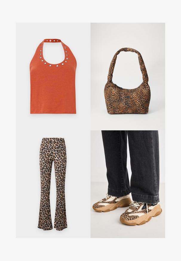Rustfarvet halterneck-top med en rund halsudskæring, prydet med sølvfarvede øjer omkring kraven. Blød tekstur og tætsiddende design.; Leopardprint flared bukser i tan og sort, lavet af blødt stof med en glat tekstur, med en tætsiddende talje og flagrende bund.; Sneakers med leopardprint og mesh- og læderpaneler, tan-gummisål og kontrasterende sorte accenter. Båret med løstsiddende mørke jeans.; Leopardmønstret håndtaske i brunt og sort stof med en rund form, blød tekstur og en tyk, polstret skulderrem. Detalje med lynlås lukning.