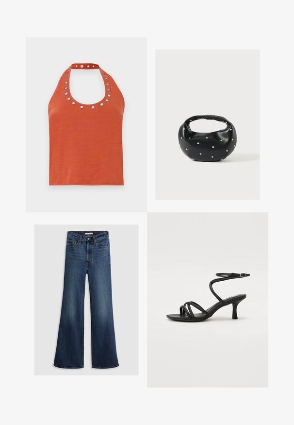 Top halter de cor ferrugem com um decote arredondado, apresentando ilhoses prateados ao redor do colarinho. Textura suave e design ajustado.; Jeans de perna larga em denim azul escuro, com uma cintura alta, design de cinco bolsos e costura em contraste ao longo das costuras e da cintura.; Even&Odd Wide Fit by Zalando Sandálias - black; Mala preta de pele com forma arredondada, decorada com tachas prateadas e alça curta. Textura lisa e fecho com fecho de correr.