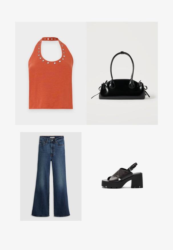 Top halter de color óxido con un escote redondeado, que presenta ojales plateados alrededor del cuello. Textura suave y diseño ajustado.; Jeans de pierna ancha en denim azul oscuro, con una cintura alta, diseño de cinco bolsillos y costuras en contraste a lo largo de las costuras y la cinturilla.; Sandalias de tacón alto de cuero negro con una plataforma gruesa, diseño de tiras cruzadas, hebilla ajustable y suela texturada.; Pequeño bolso negro brillante con dos asas largas y detalles de cordón lateral sobre un fondo claro liso.