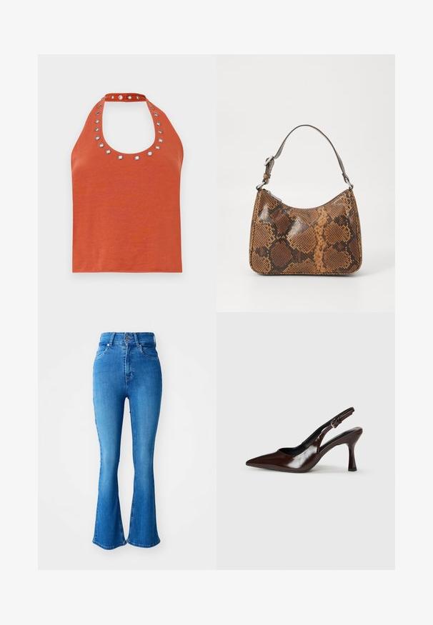 Top halter de color óxido con un escote redondeado, que presenta ojales plateados alrededor del cuello. Textura suave y diseño ajustado.; Jeans de mezclilla azul de cintura alta con patas acampanadas, que cuentan con un cierre de dos botones, cinco bolsillos y un acabado suave y texturizado.; Zapatos de tacón slingback de charol marrón con punta afilada, tacón delgado y correa ajustable con una pequeña hebilla.; Pequeño bolso de mano con un patrón de piel de serpiente marrón y negro, correa corta ajustable y cierre de cremallera.