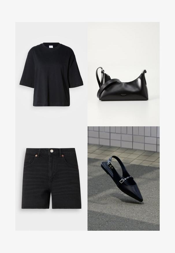 Schwarzes Baumwoll-T-Shirt mit kurzen Ärmeln und Rundhalsausschnitt, mit lockerem Schnitt und geradem Saum, glatter Textur, minimalistischem Design.; Schwarze Denim-Shorts mit vorne liegendem Knopfverschluss, Gürtelschlaufen, zwei vorderen Taschen und einer kleinen Münztasche, flach auf weißem Hintergrund.; Schwarzer Slingback-Flachschuh mit spitz zulaufender Spitze und doppelten Schnallenriemen, ruhend auf grauem Asphalt nahe einer gefliesten Wand.; Schwarze lederne Handtasche mit glatter Textur. Verfügt über einen verstellbaren Riemen und ein elegantes, minimalistisches Design mit einem Reißverschluss.