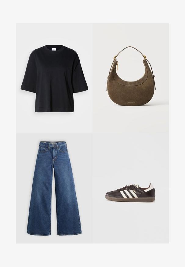 Schwarzes Baumwoll-T-Shirt mit kurzen Ärmeln und Rundhalsausschnitt, mit lockerem Schnitt und geradem Saum, glatter Textur, minimalistischem Design.; Weite blaue Jeans aus Denim mit fünf Taschen, einem Knopfverschluss und Kontrastnähten, die eine weiche und strukturierte Oberfläche aufweisen.; Dunkelbraune Ledersneaker mit weißem Drei-Streifen-Design, einer Gummisohle und dem Schriftzug "Samba" in goldener Schrift an der Seite. Klassische, niedrige Form.; Braune Wildleder-Handtasche in Halbmondform mit kurzem Griff, goldenem Reißverschluss und kleinem goldenem Markenlogo unten in der Mitte.