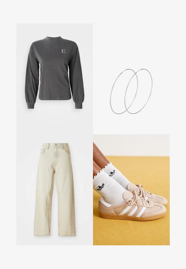 Langärmliges graues T-Shirt aus Baumwolle, mit rundem Ausschnitt und elastischen Bündchen, mit einem kleinen quadratischen Logo auf der Brust.; Weite Jeans aus Denim in einem hellbeigen Farbton, mit vorderen Taschen, hoher Taille und dezenten Nähdetails. Hergestellt aus strukturiertem Denim-Stoff.; Beige Leder-Sneaker mit weißen Streifen und goldener Markenkennzeichnung, kombiniert mit weißen Rüschensocken mit schwarzem Logo. Strukturierte Gummisohle.; Silberne Creolen mit minimalistischem Design. Rundform, glatte Oberfläche und dünnes Profil. Leichtgewichtig mit hochglänzender Oberfläche.