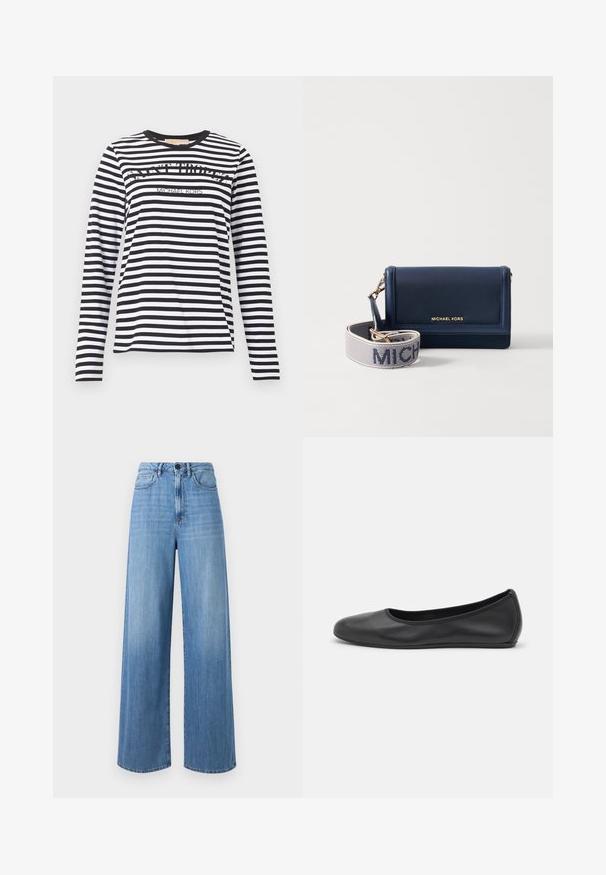 Sort-hvid langærmet skjorte med horisontale striber og teksten "SAINT TROPEZ" og "MICHAEL KORS" på fronten, rund halsudskæring.; Lyseblå brede jeans lavet af denim, med høj talje, bælte loops, forlommer og kontraststikninger.; Sort læderballetsko med rund tå, glat tekstur, minimal syning og et fleksibelt såldesign.; Marineblå læderpung med et guld-logo, indeholder en aftagelig rem med "MICHAEL" i hvid tekst på en tekstureret baggrund. Kompakt design.