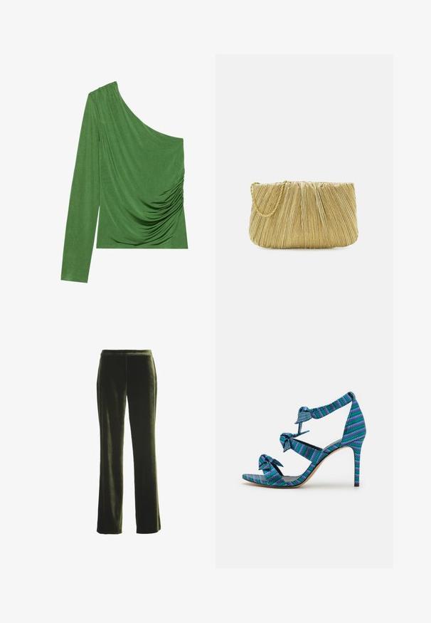 Eén-schouder groene top gemaakt van gladde stof, met gedrapeerde details en een aansluitende silhouet. Lange mouw aan één kant.; Donkergroene fluwelen rechte broek met een elastische tailleband, plat getoond op een witte achtergrond.; Hoge hak sandaal met multicolored geweven stof, met strik accenten op de banden. Open teenontwerp met een slanke stiletto hak.; Loeffler Randall BRIT PLEATED FLAT - Clutch - gold-coloured