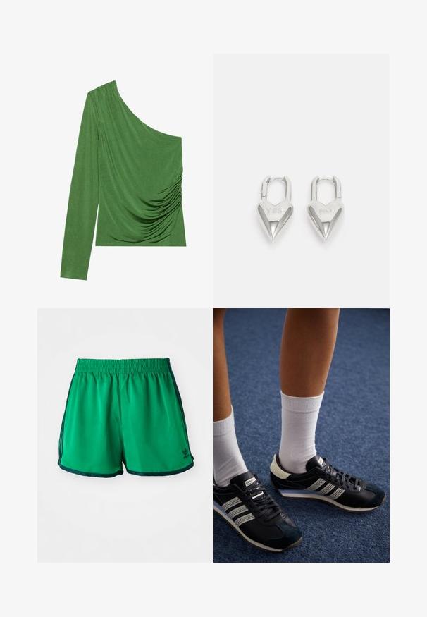 Top verde de un solo hombro hecho de una tela suave, con detalles drapeados y una silueta ajustada. Manga larga en un lado.; Pantalones cortos deportivos verdes con una textura suave, cinturilla elástica y acentos laterales en verde oscuro. Presentan el logo de Adidas en el dobladillo inferior.; Zapatos deportivos negros con tres rayas blancas, con un exterior de cuero liso y ante, combinados con calcetines blancos hasta la altura del tobillo sobre una alfombra azul.; Candados en forma de corazón de plata con inscripciones grabadas de "SÍ" y "NO", acabado pulido, diseño simétrico y un robusto cierre de metal.