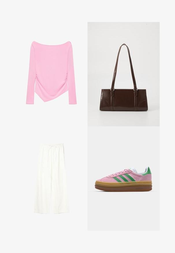 Haut rose pâle à manches longues avec un col bateau et un ourlet asymétrique, doté d'un léger froncé sur le côté pour une coupe flatteuse.; Pantalon blanc à jambes larges avec taille élastique et cordon de serrage, en tissu léger.; Baskets en daim rose avec des rayures vertes, des accents blancs et une semelle en caoutchouc brun. Comportent un tissu texturé et un détail de logo sur le côté.; Sac à main en cuir verni marron de forme rectangulaire, avec deux longues poignées et des accents courbés subtils à l'avant.