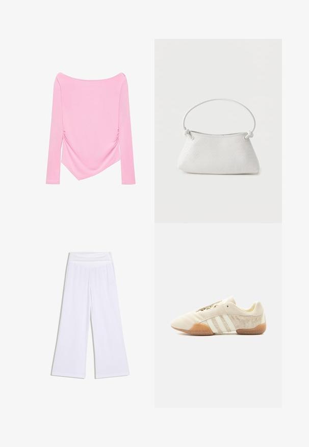 Lichtroze longsleeve met bootnek en asymmetrische zoom, voorzien van subtiele zijkant plooien voor een flatterende pasvorm.; Witte wijde broek met een hoge elastische tailleband, een ontspannen pasvorm en een gladde stof.; Lage beige sneaker met drie witte strepen, gestructureerde suède zijpanelen, rubberen zool en vetersluiting op een effen achtergrond.; Witte handtas van gevlochten leer met een afgeronde handgreep en uiteinden van de band die geknoopt zijn, afgebeeld tegen een effen achtergrond.