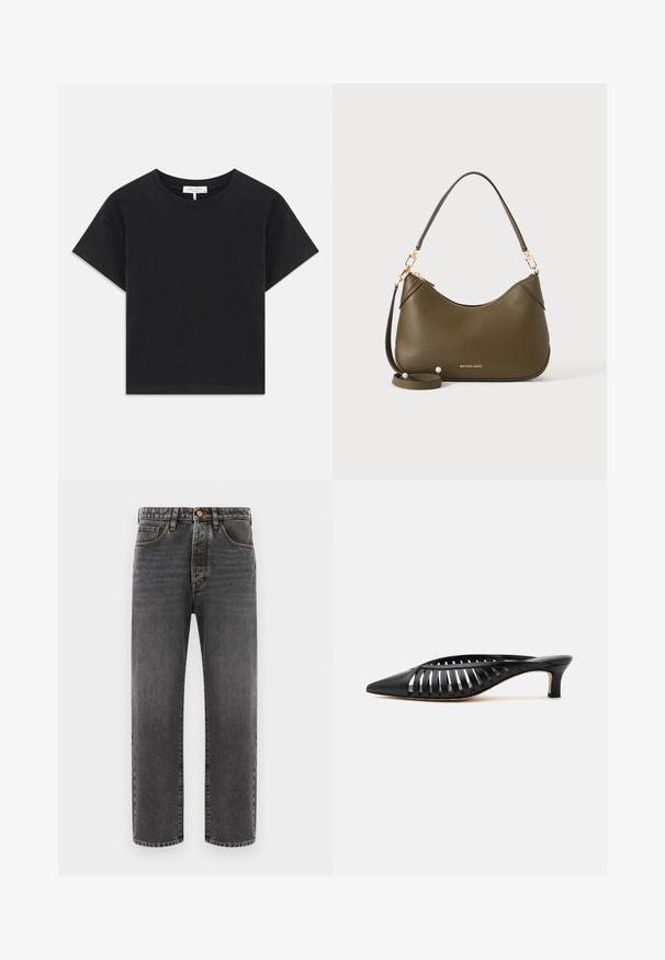 Sort cropped t-shirt lavet af bomuld, med rund halsudskæring, korte ærmer og et enkelt design uden mønstre eller pynt.; Mørkegrå jeans lavet af denim, med lige ben, fem lommer og synlige stikninger. Knaplukning i taljen.; Sort læder mule med spids snude, stropdetalje og lav kittenhælk på hvid baggrund.; Olivengrøn læderhåndtaske med korte og lange remme, guldfarvet hardware og Michael Kors-logo i guld nær bunden på en ensfarvet baggrund.