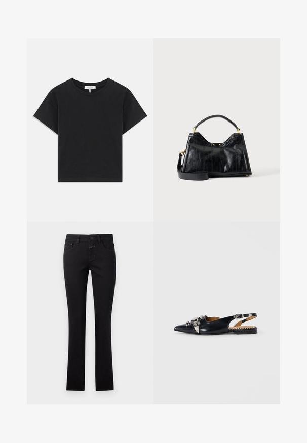 Zwarte cropped t-shirt van katoen, met een ronde halslijn, korte mouwen en een eenvoudig ontwerp zonder patronen of versieringen.; Zwarte denim jeans, met een aansluitend ontwerp, knoopsluiting en traditionele vijf-pocket stijl. Soepele textuur met een lichte rek.; Zwarte leren slingback schoen met spitse neus, versierd met zilveren hardware en bladdetails. Platte zool met gestreepte interieuraccenten.; Zwarte leren handtas met getextureerde verticale lijnen, korte handgreep, afneembare lange riem en goudkleurige hardware-accenten op een effen achtergrond.