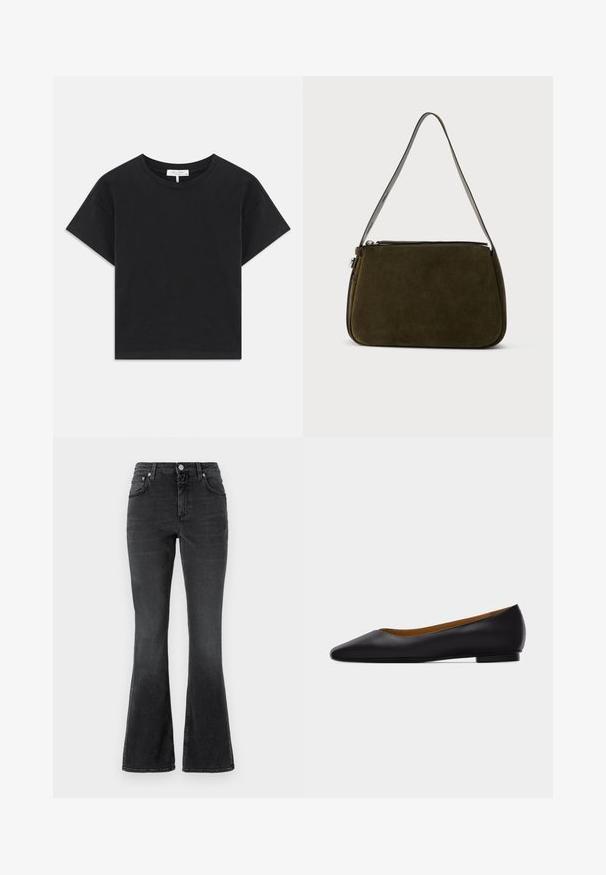 T-shirt noir cropped en coton, avec un col rond, des manches courtes et un design simple sans motifs ni embellissements.; CLOSED JOVANNA - Jean slim - dark grey; Chaussure plate en cuir noir à bout pointu avec talon bas et finition lisse, vue de côté sur un fond gris clair.; Petit sac à main en daim vert foncé avec une forme incurvée simple et une bandoulière unique en cuir gris réglable.
