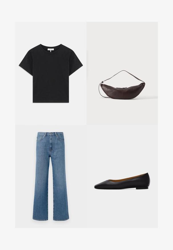 Zwarte cropped t-shirt van katoen, met een ronde halslijn, korte mouwen en een eenvoudig ontwerp zonder patronen of versieringen.; Lichtblauwe denim wide-leg jeans met hoge taille, met een voorste knoopsluiting, vijf zakken en een schone zoomafwerking.; Zwarte leren puntschoen met lage hak en gladde afwerking, zijaanzicht op een lichtgrijze achtergrond.; Donkerbruine leren schoudertas in halve maan vorm met een gebogen band en zichtbare stiksels op een effen achtergrond.