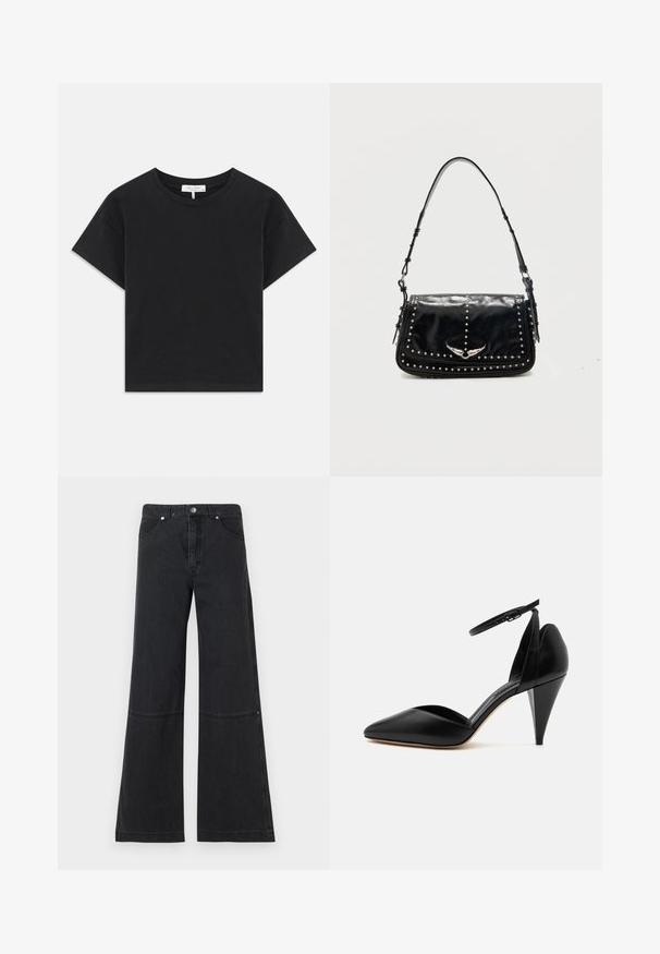 Sort cropped t-shirt lavet af bomuld, med rund halsudskæring, korte ærmer og et enkelt design uden mønstre eller pynt.; Sorte brede ben jeans lavet af denim, med høj talje, forlommer og en subtil sømdetalje ved knæet. Metal knaplukning.; Sort læder højhælet sko med spids tå, ankelrem og kegleformet hæl på hvid baggrund.; Sort læder skuldertaske med sølvlignende nitter og vingeformet metalemblem på frontklappen mod en ensfarvet baggrund.