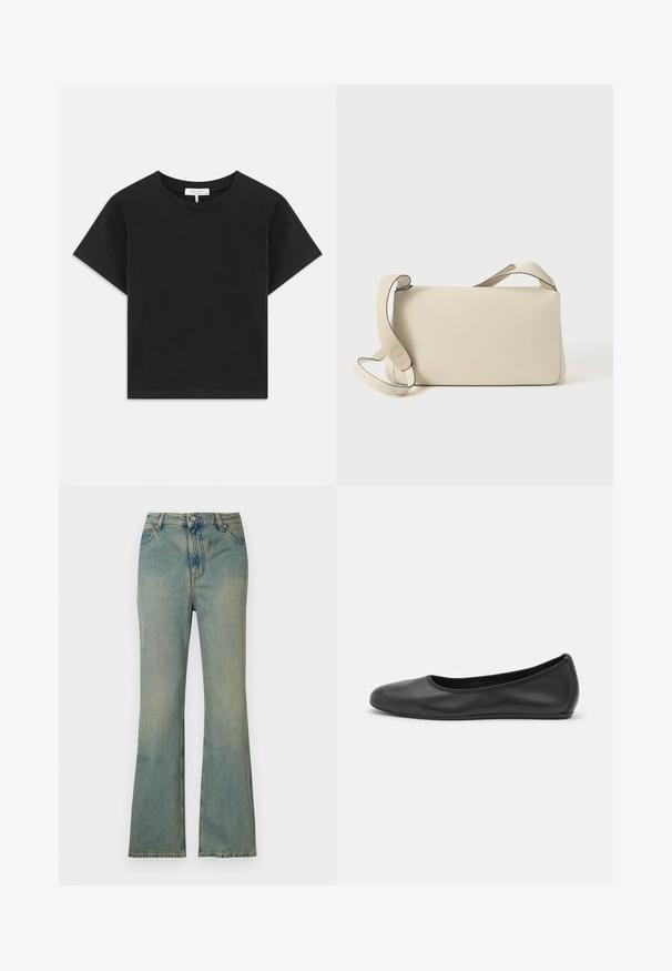 Sort cropped t-shirt lavet af bomuld, med rund halsudskæring, korte ærmer og et enkelt design uden mønstre eller pynt.; Lysblå denim flare jeans med høj talje, fem lommer og lynlås. Ren, falmet finish med subtile syninger.; Sort læderballetsko med rund tå, glat tekstur, minimal syning og et fleksibelt såldesign.; Cremefarvet læder skuldertaske med justerbar rem og klaplukning, sat mod en ensfarvet hvid baggrund.