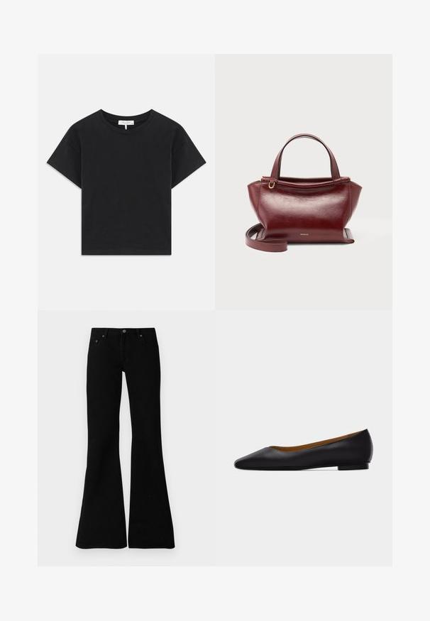 Sort cropped t-shirt lavet af bomuld, med rund halsudskæring, korte ærmer og et enkelt design uden mønstre eller pynt.; Sorte flagrende jeans lavet af denim, med et klassisk fem-lomme design, knaplukning og subtile syninger langs sømmene.; Sort læder flad sko med spids tå, lav hæl og glat finish, vist fra siden på en lysegrå baggrund.; Mørkerød lædertaske med to håndtag øverst, aftagelig skulderrem, guldfarvet hardware og mærkenavnet Wandler på forsiden i midten.
