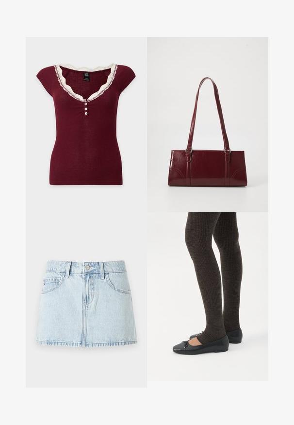 Bordeauxkleurige geribbelde top met korte mouwen, witte kanten afwerking rond de V-hals en drie witte knopen in het midden voor.; Lichtblauwe denim mini-rok met een knoopsluiting aan de voorkant, riemlussen en voorzakken, getoond op een witte achtergrond.; Benen met donkere geribbelde leggings gecombineerd met zwarte ballerina's met kleine strikdetails op een witte achtergrond.; Bourgondische handtas van glanzend materiaal, rechthoekige vorm, met twee schouderbanden en subtiele gebogen accenten aan de voorkant.