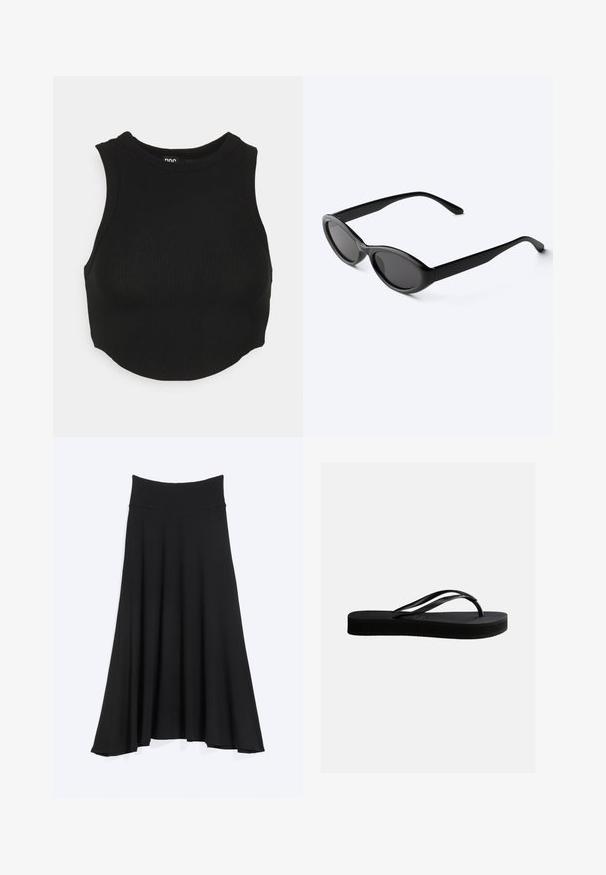 Top corto negro de canalé con un alto cuello y diseño sin mangas. Textura suave con una forma ajustada y un dobladillo ligeramente curvado.; Falda negra de talle alto y línea A con cinturilla ancha, dobladillo acampanado y textura de tela lisa, presentada sobre un fondo claro y liso.; Chancla negra de goma con suela texturizada y correa en forma de Y, mostrada en vista lateral sobre un fondo liso y claro.; Gafas de sol ovaladas negras y elegantes con lentes oscuras y patillas rectas, reposando sobre una superficie blanca.