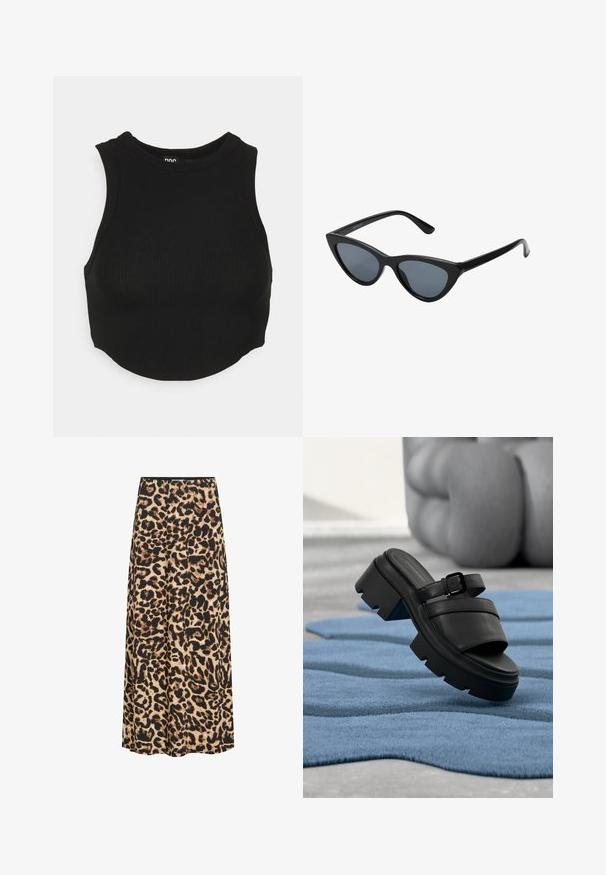 Top court noir côtelé avec un col haut et sans manches. Texture douce avec une coupe ajustée et un ourlet légèrement courbé.; Jupe trapèze à imprimé léopard avec des taches noires, brunes et beiges, longueur mi-mollet, taille élastique et texture de tissu lisse.; Sandale noire à talon carré avec bride à boucle flottant au-dessus d'un tapis bleu texturé, avec des jambes floues pliées en arrière-plan.; Lunettes de soleil noires en forme d'œil de chat avec des verres gris foncé, monture en plastique élégante, coins pointus et branches droites. Pas de métal visible ni d'accents.