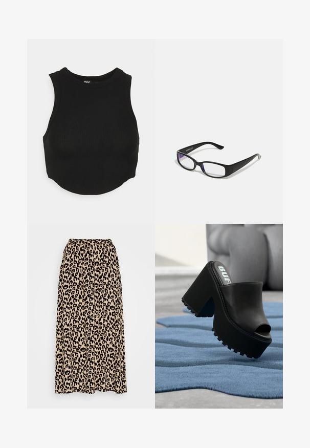 Sort ribbet crop top med høj hals og ærmeløs design. Blød tekstur med tætsiddende pasform og let buet kant.; Leopartrykt midi-nederdel i beige og sort. Har en elastisk talje og en plisseret design for øget bevægelse og pasform.; Sort platform mulesko med åben tå og tyk skridsikker sål, hvilende på et tekstureret blåt tæppe indendørs nær en grå lænestol.; Sorte rektangulære briller med klare linser. Blank finish, smalle stænger, og lilla nuance synlig i kanterne af linsen.